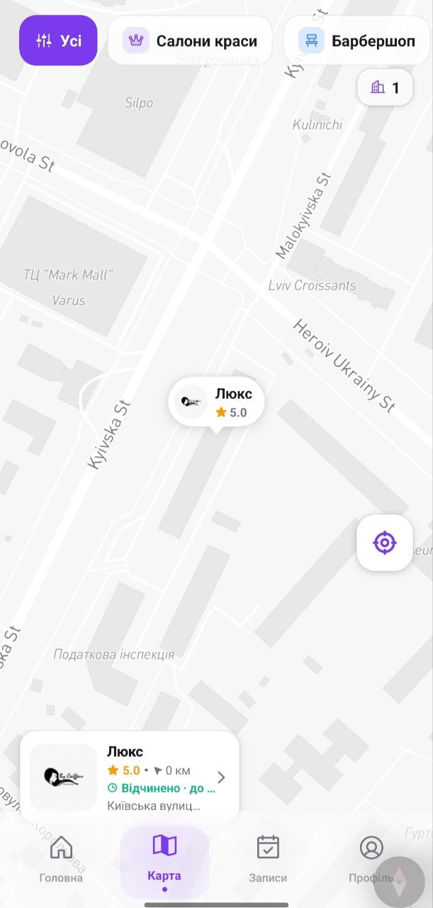 Карта бізнесів у застосунку Zapys24